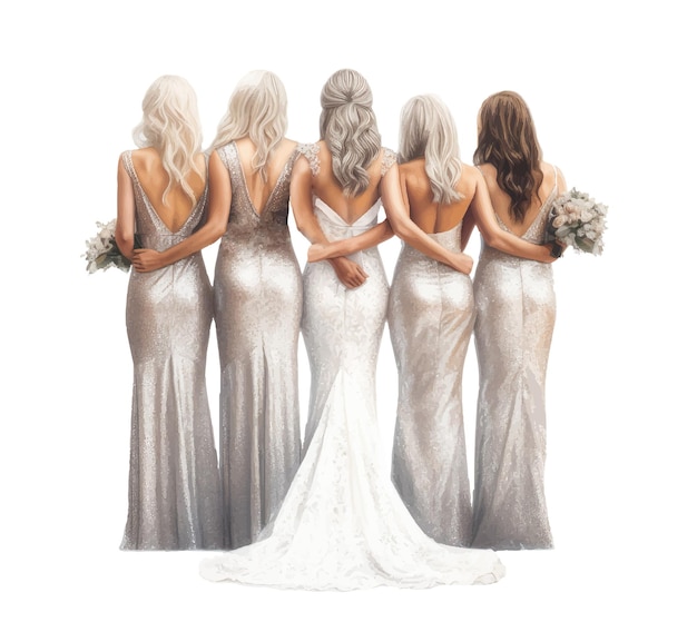 Vector illustration of a bride and bridesmaids in elegant dresses back view