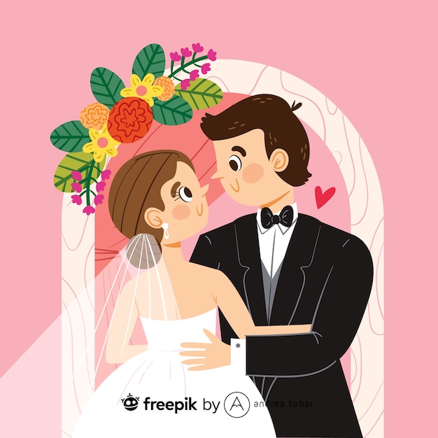 Vector illustration of bride and groom at the altar