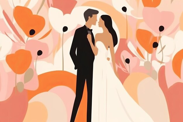 Vector an illustration of a bride and groom kissing in front of flowers