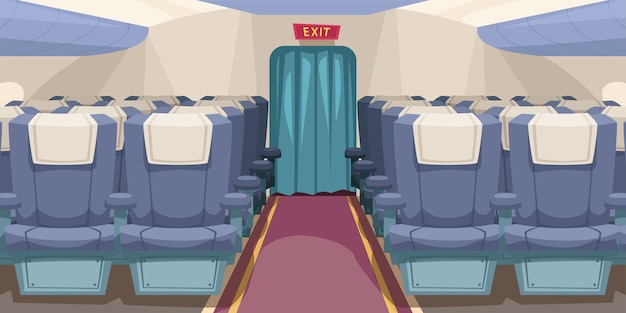 Illustration of bright empty airplane interior with aisle in the middle