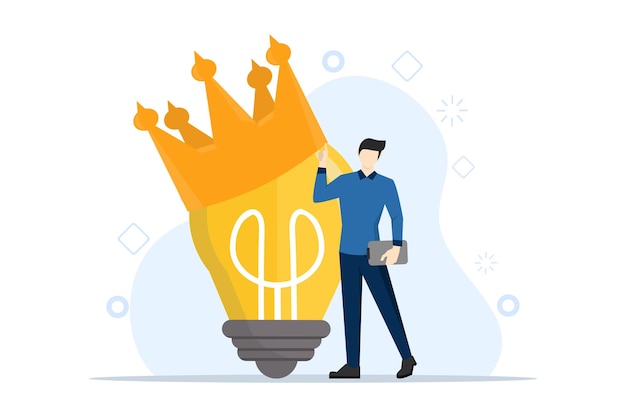 illustration Brilliant idea concept with shiny shining light bulb idea lamp wearing golden crown