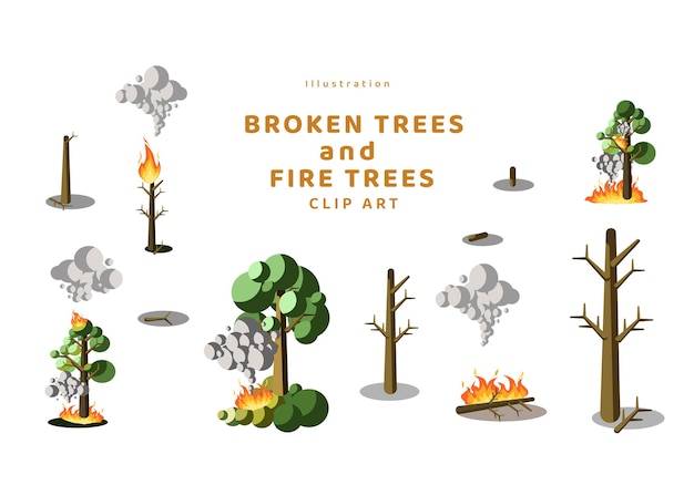 Illustrazione di alberi spezzati e alberi di fuoco