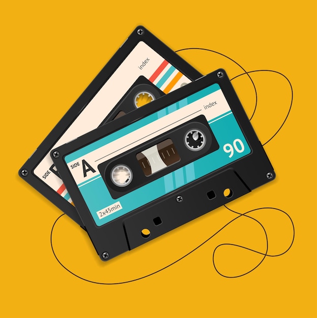 Illustration broken vintage audio tape isolated on a orange background.