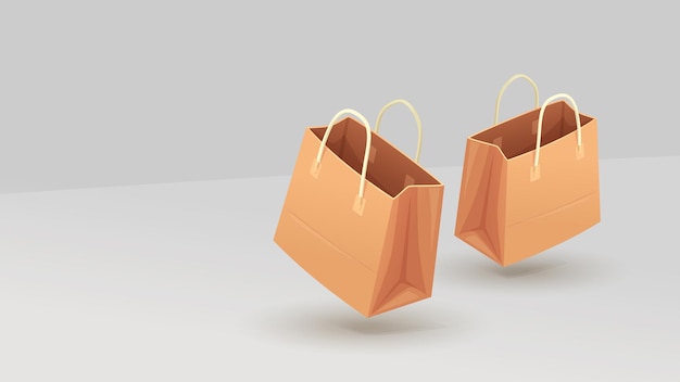 Illustration of brown cute shopping paper bags flying on grey color backdrop with some shadows