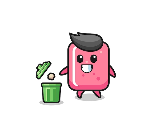 Illustration of the bubble gum throwing garbage in the trash can cute design