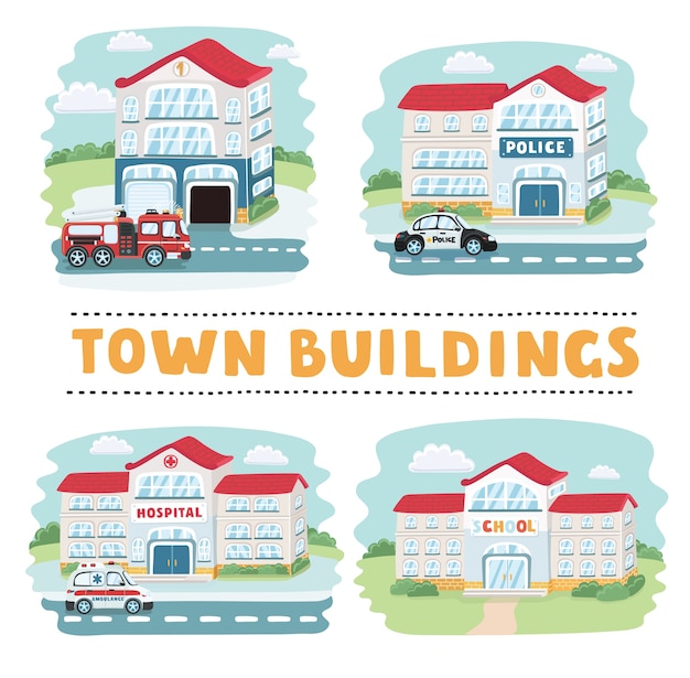 Illustration of buildings including store, hotel, hospital, school, police station, church, movie theater, house, and fire station.