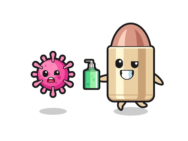 Illustration of bullet character chasing evil virus with hand sanitizer