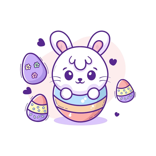 Vettore illustrazione di un coniglietto che cova da un uovo di pasqua in stile kawaii