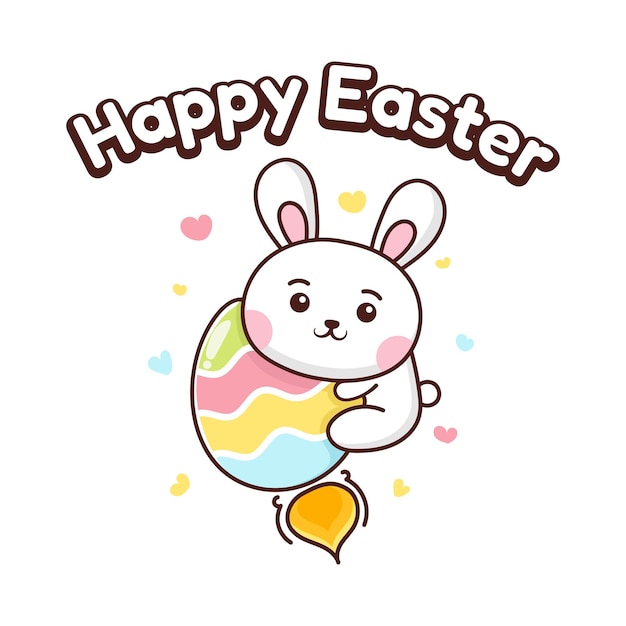 Illustration of a bunny hugging an egg rocket celebrating easter kawaii style coloring book