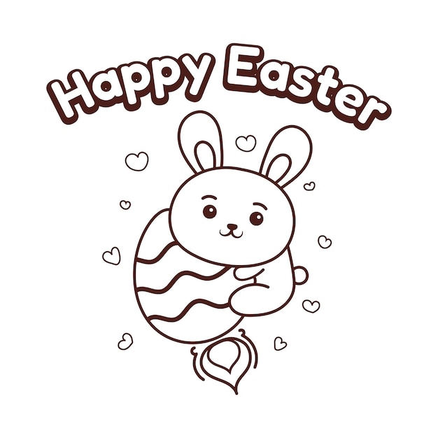 Illustration of a bunny hugging an egg rocket celebrating easter kawaii style coloring book