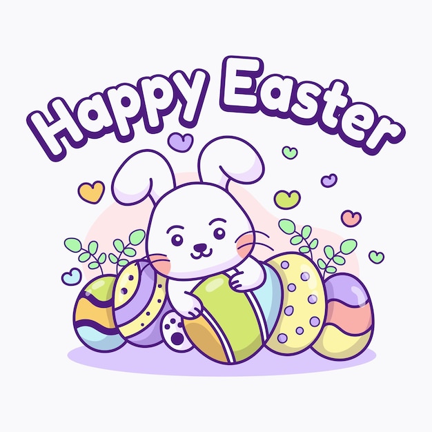 Vector illustration of a bunny hugging an egg rocket celebrating easter kawaii style seamless pattern