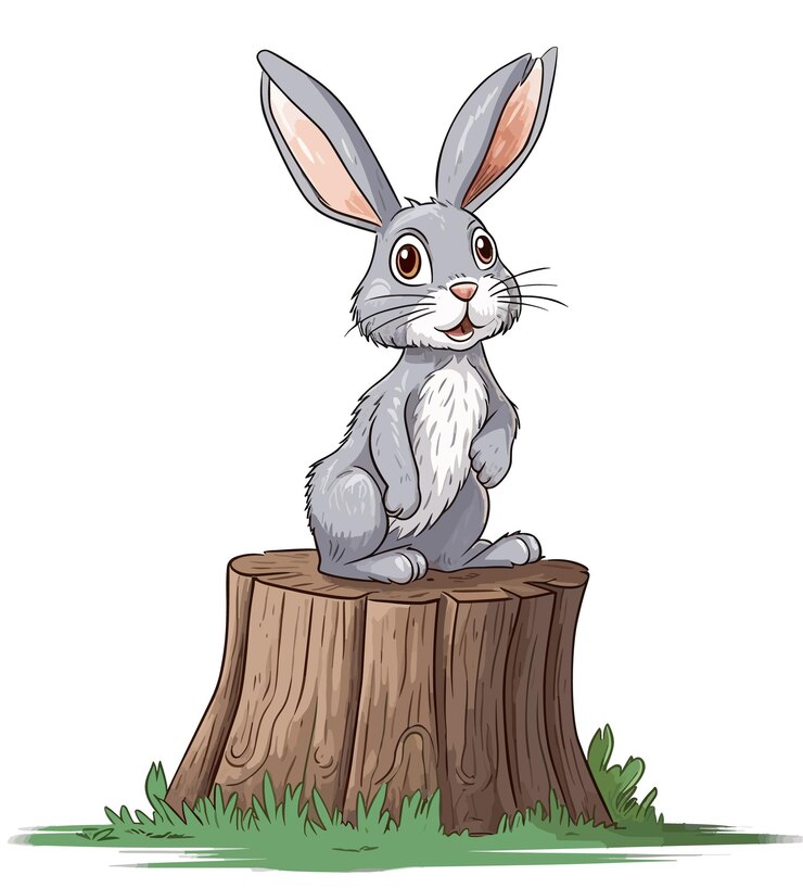Vector illustration of a bunny sitting on the stump in the bushes and wild herbs piccture of a wild animal in its own habitat children illustration