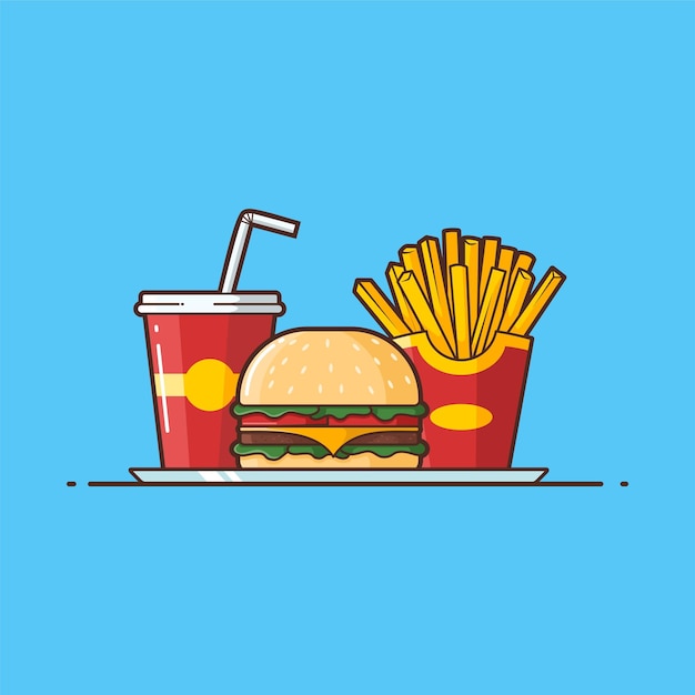 ハンバーガーとフライドポテトのイラストとソフトドリンクのメニュー ベクトルアニメ 孤立