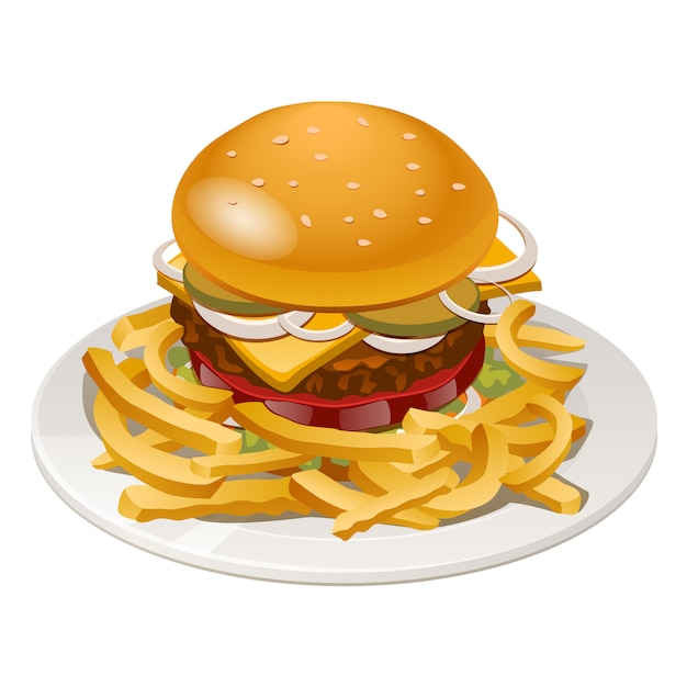 Illustration of burger with fries, tomato, onion and cheese