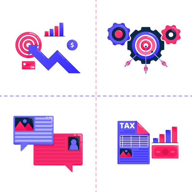 Illustrazione del grafico aziendale, chat bolla e raggiungimento degli obiettivi, strategia di analisi fiscale finanziaria.