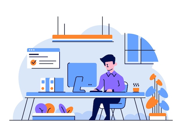 フラットとアウトラインデザインスタイルのコンピュータオフィスでイラストビジネスマン従業員の仕事の割り当て
