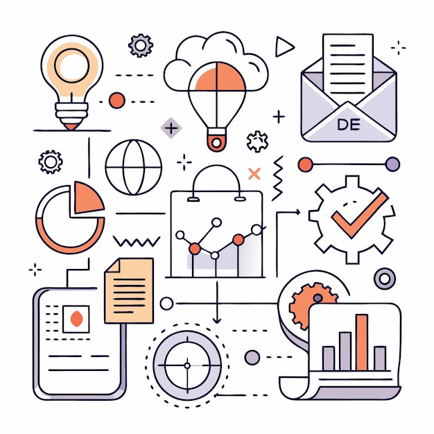 Illustration of a business process with connected icons for idea cloud email globe chart bag check mark target and bars