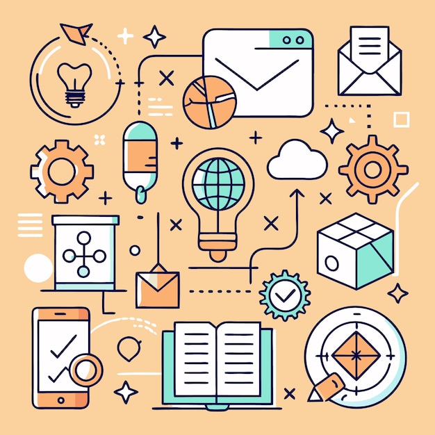 Illustration of a business strategy with different elements target lightbulb globe phone email book and gears