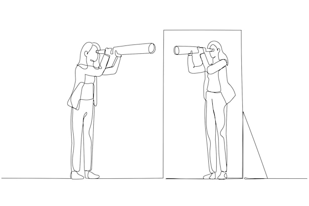 Illustration of business woman holding telescope looking into self in mirror Continuous line art