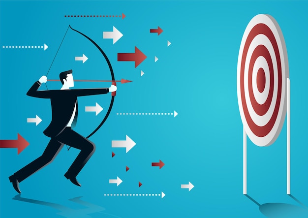 Illustration of a businessman aiming an arrow to target