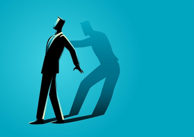 Vector illustration of a businessman being pushed by his own shadow, self motivation concept