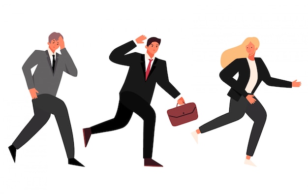 Vector illustration of businessman and businesswoman running away from being chased by something