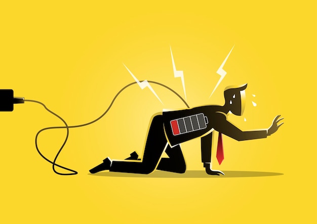 Vector an illustration of a businessman crawling on the floor with low battery indicator. tired, low energy concept