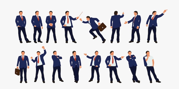 Illustration of businessman different poses in set simple colored silhouette design isolated on white backdrop
