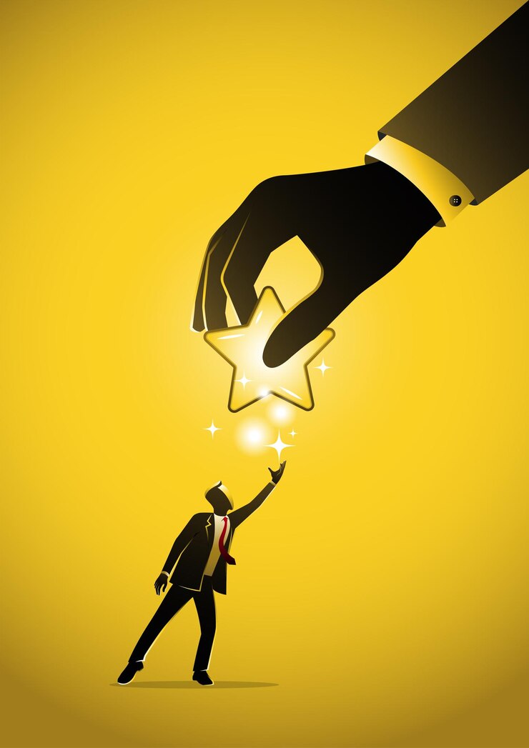 वेक्टर an illustration of a businessman giving star in hand. feedback concept