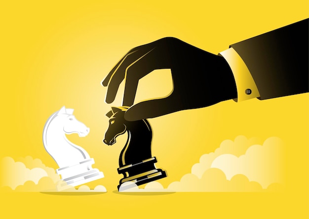 Vector an illustration of a businessman hand holding black chess knight piece, strategic concept