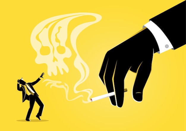 An illustration of businessman hand holding a burning cigarette with smoke resembling a skull