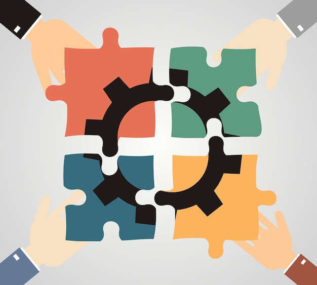 Vector illustration of businessman hand holding the piece of puzzle which forming a gear