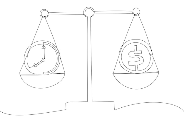 Illustration of businessman hand holds white mechanical scales with dollar coin and clock in pans One continuous line art style