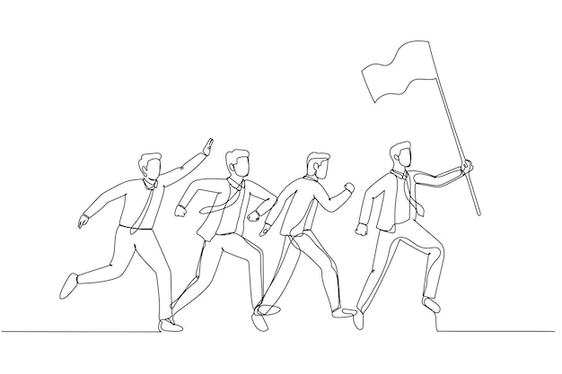 Vector illustration of businessman hold flag and lead the way single line art style
