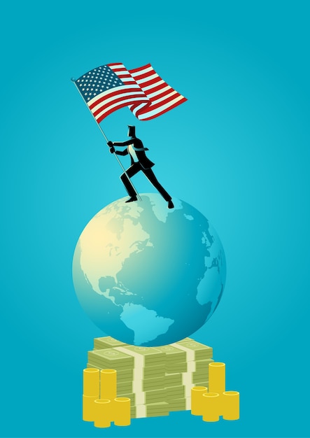 Vector illustration of a businessman holding the flag of usa