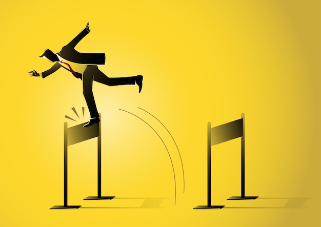 An illustration of a businessman jumping and stumbled onto barrier on yellow background