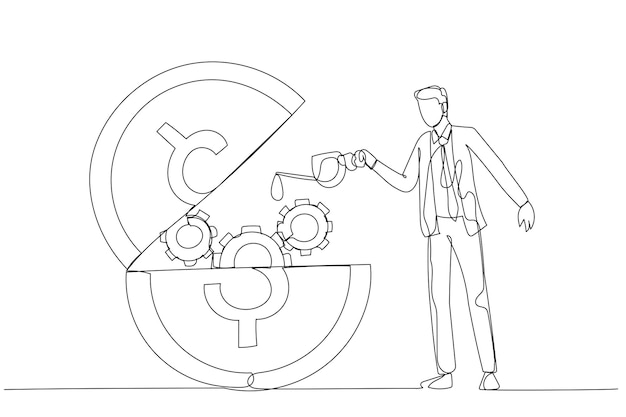 Illustration of businessman put lubricant oil on opening gold coin concept of financial liquidity Single line art style