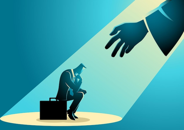 illustration of a businessman sitting on suitcase sadly and hand reaching him from the light