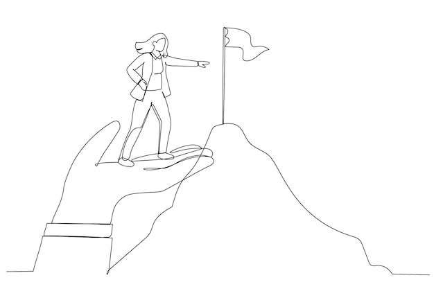 Illustration of businessman stand on giant helping hand to reach mountain peak target flag Metaphor for coaching inspiration to reach goal One continuous line art style