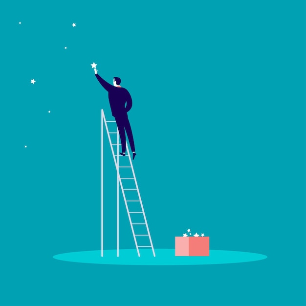 Illustration of businessman standing on stairs and reaching star on the sky