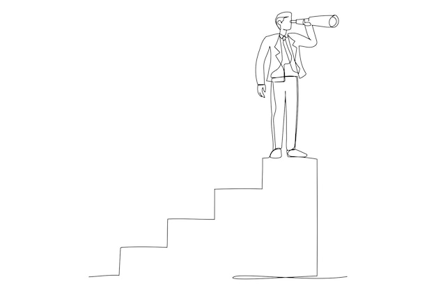 Illustration of businessman and telescope Vision concept in business symbol leadership strategy mission objectives One line style art