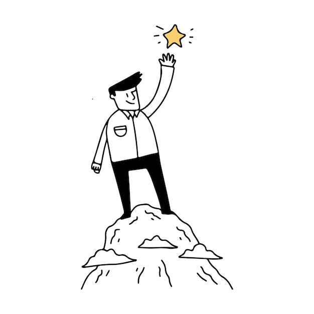 Illustration of a businessman on the top of mountain and reach the star.