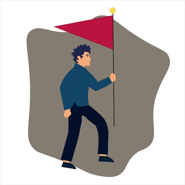 Vettore illustrazione di un uomo d'affari che lavora in una startup che alza una bandiera uomo imprenditore