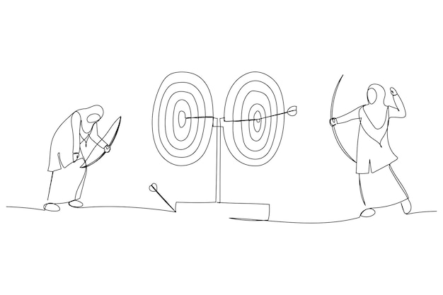 Vector illustration of businesspeople aiming targets with bows and arrows metaphor for business competition target marketing one line art style