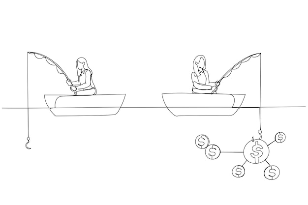 Illustration of businesswoman fishing dollar sitting in boat Single continuous line art style