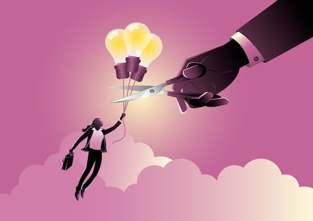 An Illustration of A businesswoman flying on idea balloon, hand cutting balloon rope with scissors. Business intervene concept