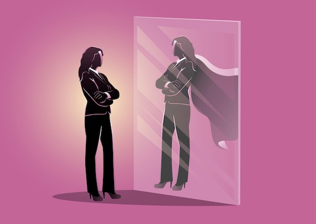 An illustration of businesswoman looks in the mirror and sees super queen confident power business leadership