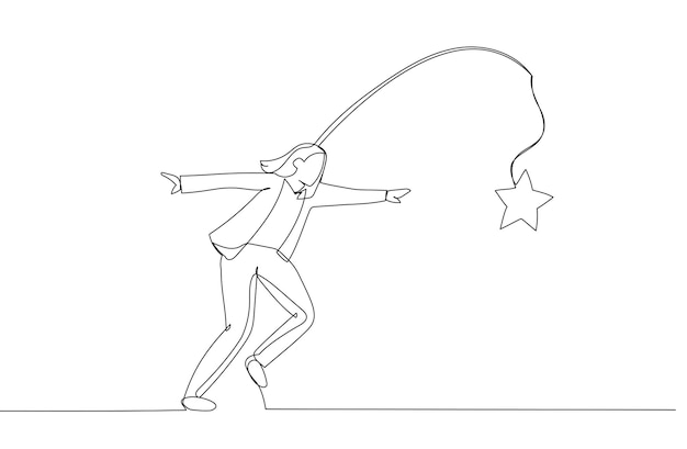 Illustration of businesswoman running with carrot stick trying to grab star prize award