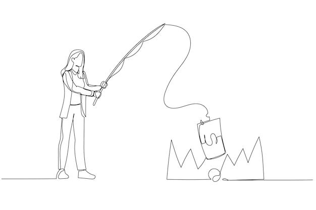 Illustration of businesswoman stealing money from trap with fishing rod metaphor of investment risk Single continuous line art style