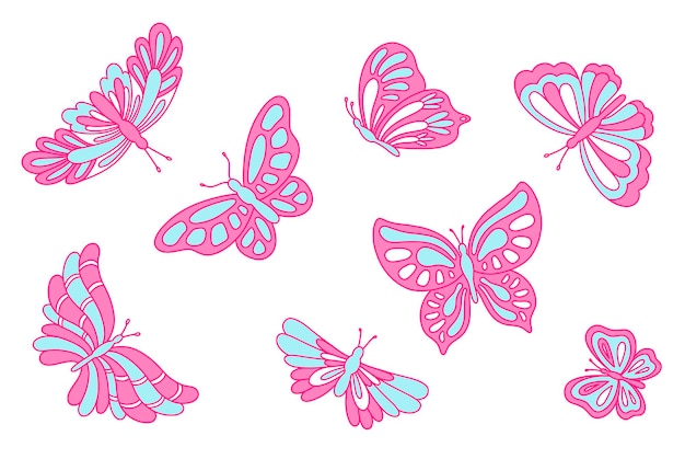 The illustration of butterflies in blue and pink colors Nostalgia for the 2000 years Y2k style